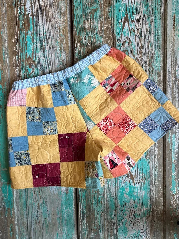 Upcycled "Yellow 4-Patch" Vintage Quilt Shorts with Pockets: Women's XL