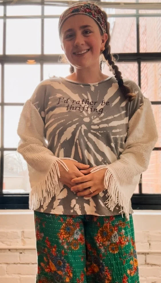 Upcycled "Brielle" I'd Rather Be Thrifting - Chenille Sleeve Sweatshirt: Women's Medium
