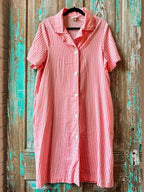 Vintage Pink Striped "Basics" Button Down Dress with Pockets: Women's Large