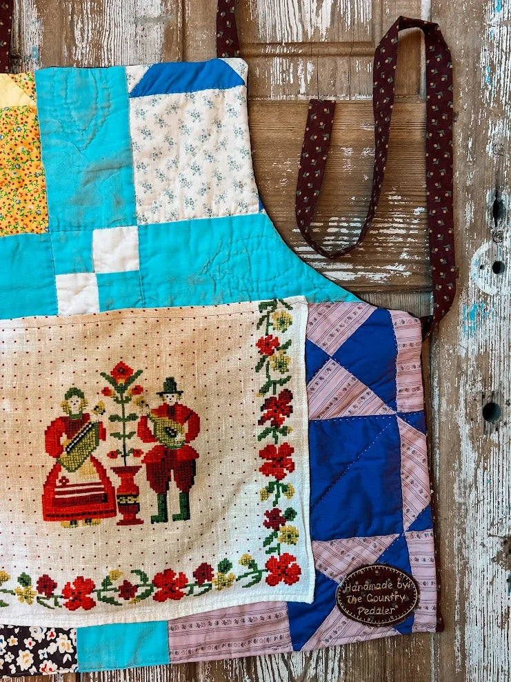 Upcycled "Harmony" Vintage Blue and Tan Vintage Quilt Apron: Kids