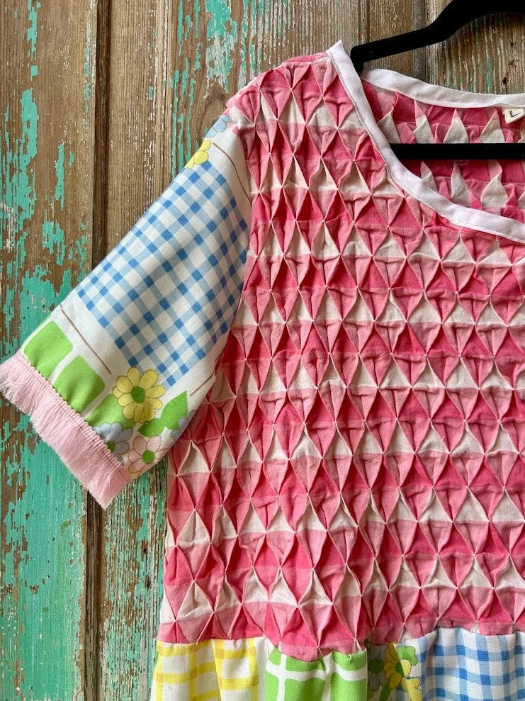 Upcycled "April Showers" Vintage Floral Sheet & Bedspread Dress: Women's Large