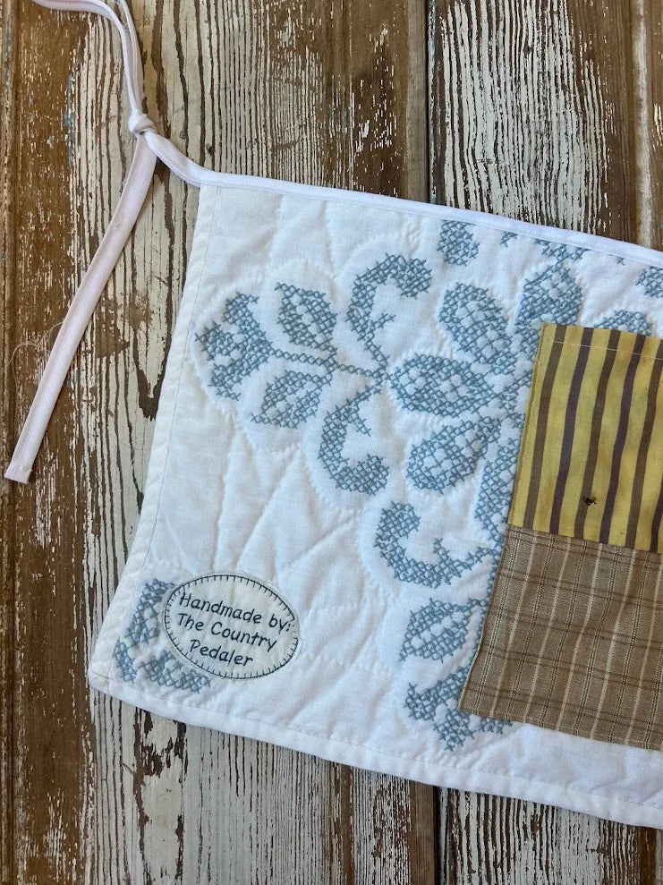 Upcycled "Robin" Vintage Blue and White Quilt Apron: Adult- Tool