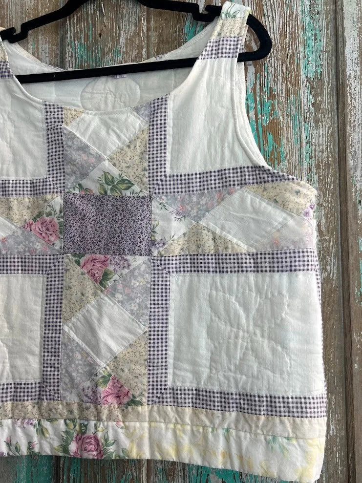 Upcycled "Cottage Rose" Vintage Quilted Pillowcase Tank: Women's Large