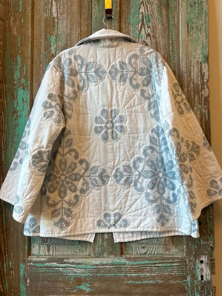 Upcycled "Winter" Vintage White and Blue Quilt Coat: Unisex Large