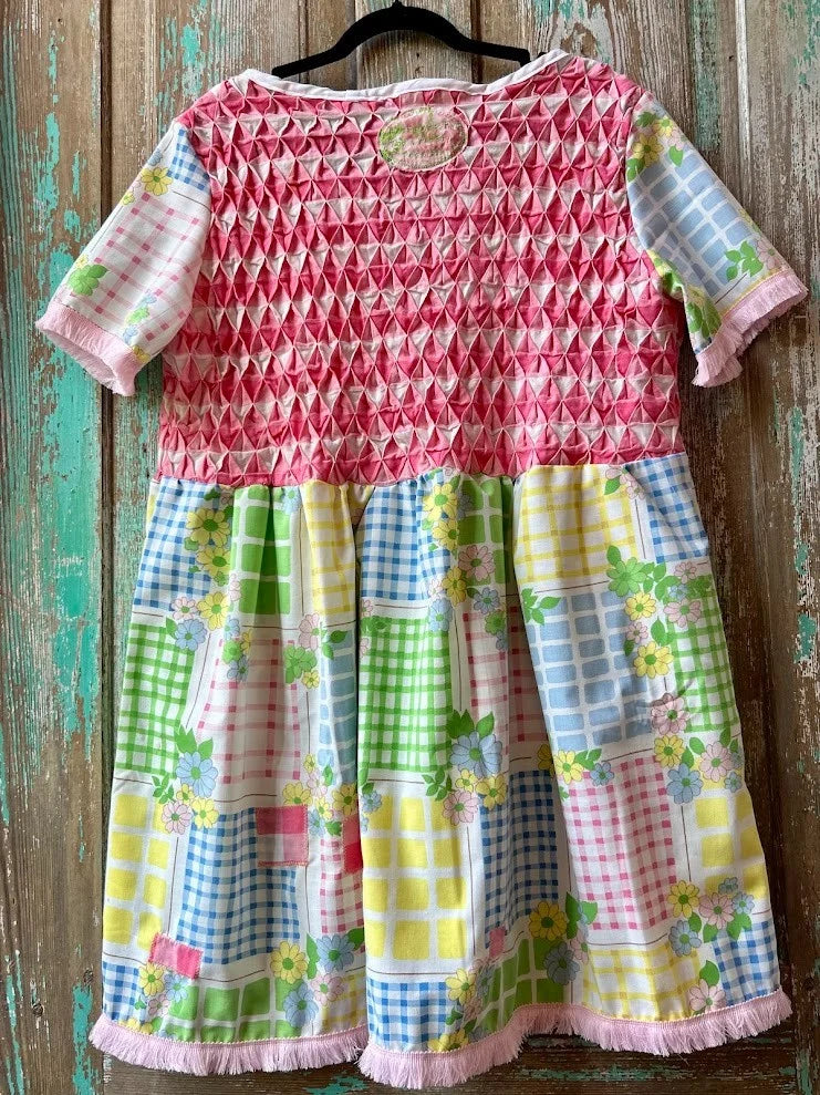 Upcycled "April Showers" Vintage Floral Sheet & Bedspread Dress: Women's Medium