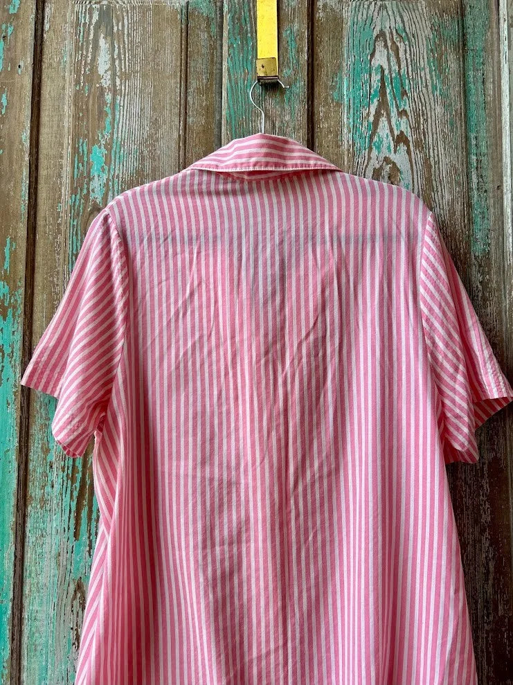 Vintage Pink Striped "Basics" Button Down Dress with Pockets: Women's Large