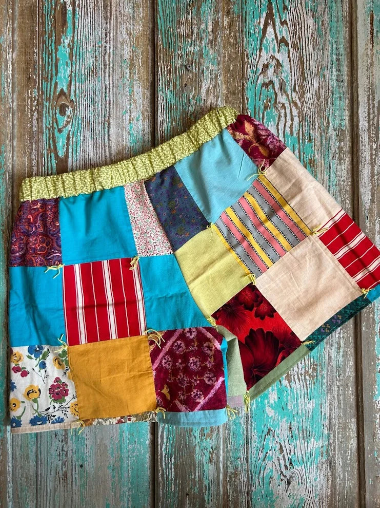 Upcycled "Crazy Patchwork" Vintage Quilt Shorts with Pockets: Women's XL