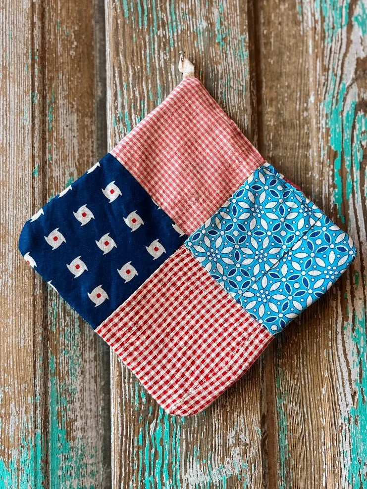 Upcycled Quilt Pot Holder: "Blue and Red Florals"