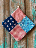 Upcycled Quilt Pot Holder: "Blue and Red Florals"