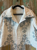 Upcycled "Winter" Vintage White and Blue Quilt Coat: Unisex Large