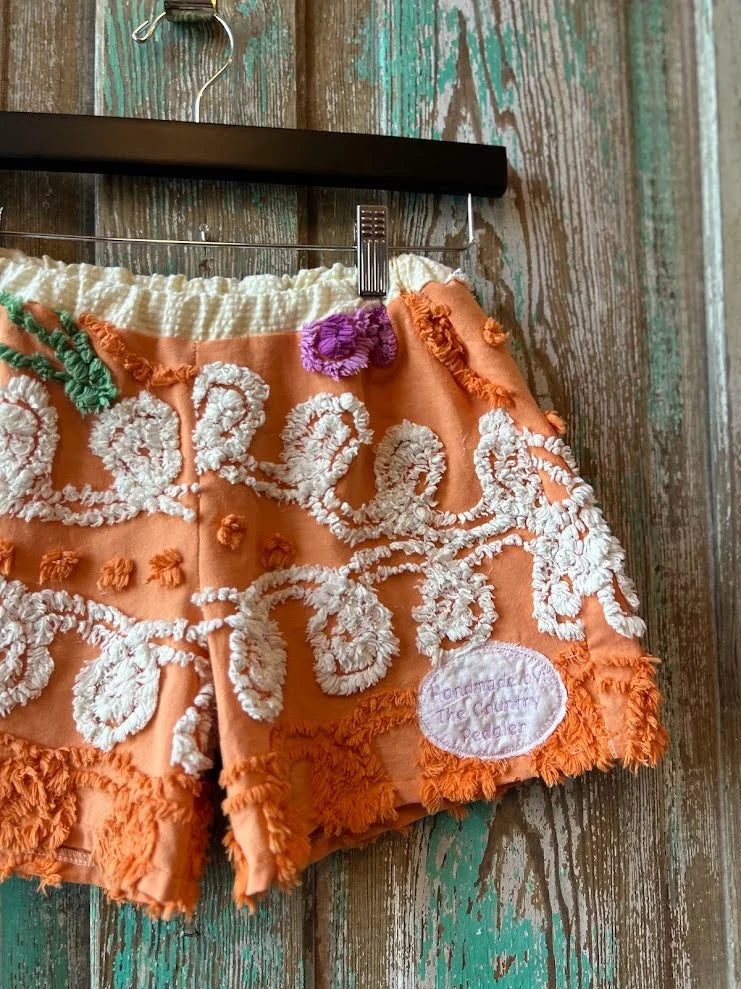 Upcycled "Flower Power" Vintage Chenille Bedspread Shorts: Child's Medium