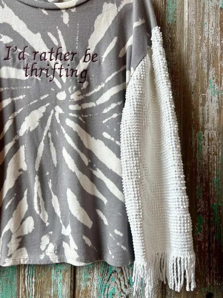 Upcycled "Brielle" I'd Rather Be Thrifting - Chenille Sleeve Sweatshirt: Women's Medium