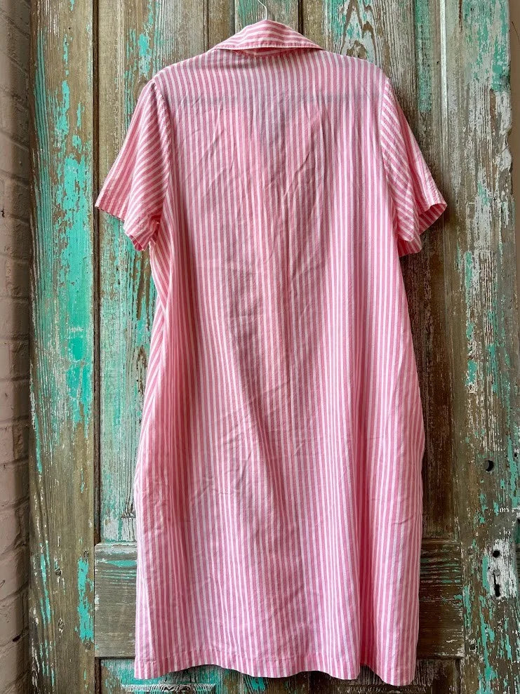 Vintage Pink Striped "Basics" Button Down Dress with Pockets: Women's Large