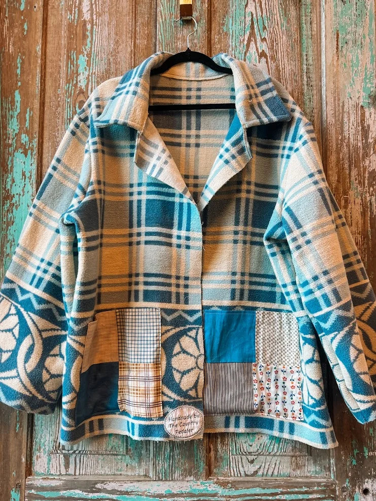 Upcycled "Mr. Blue" Vintage Wool Blanket Coat: Unisex Large